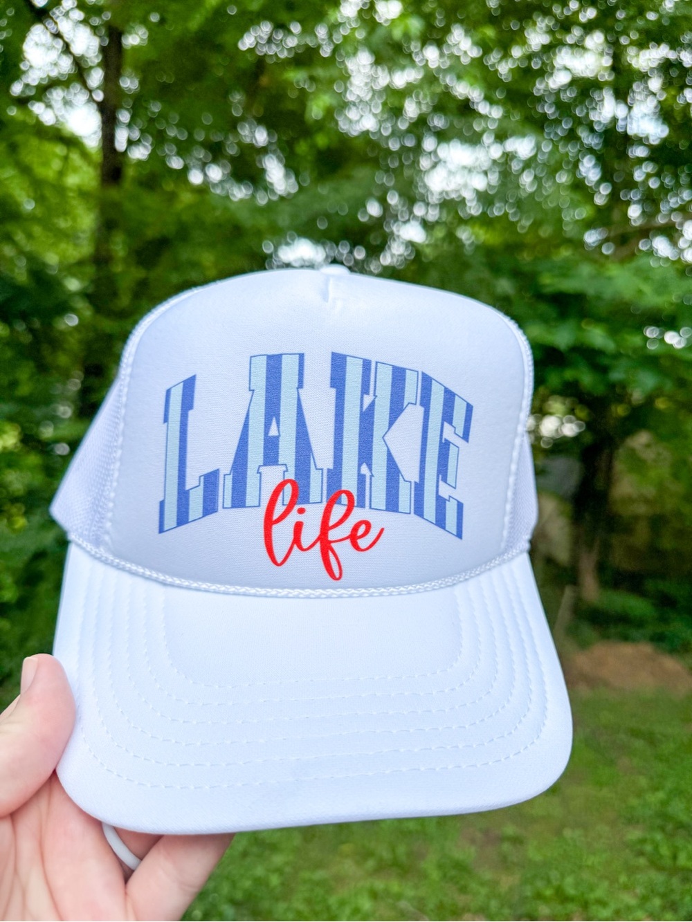 White Lake Life Trucker Hat with Blue & Red Lettering